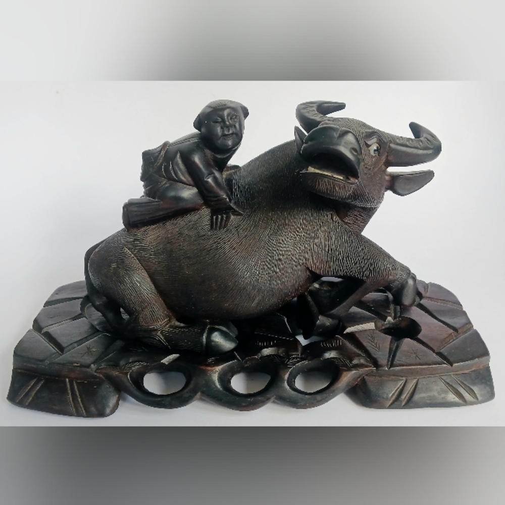 19th Century Chinese Carved Hard Wood Sculpture Boy Water Buffalo Oxen 11" x 6"